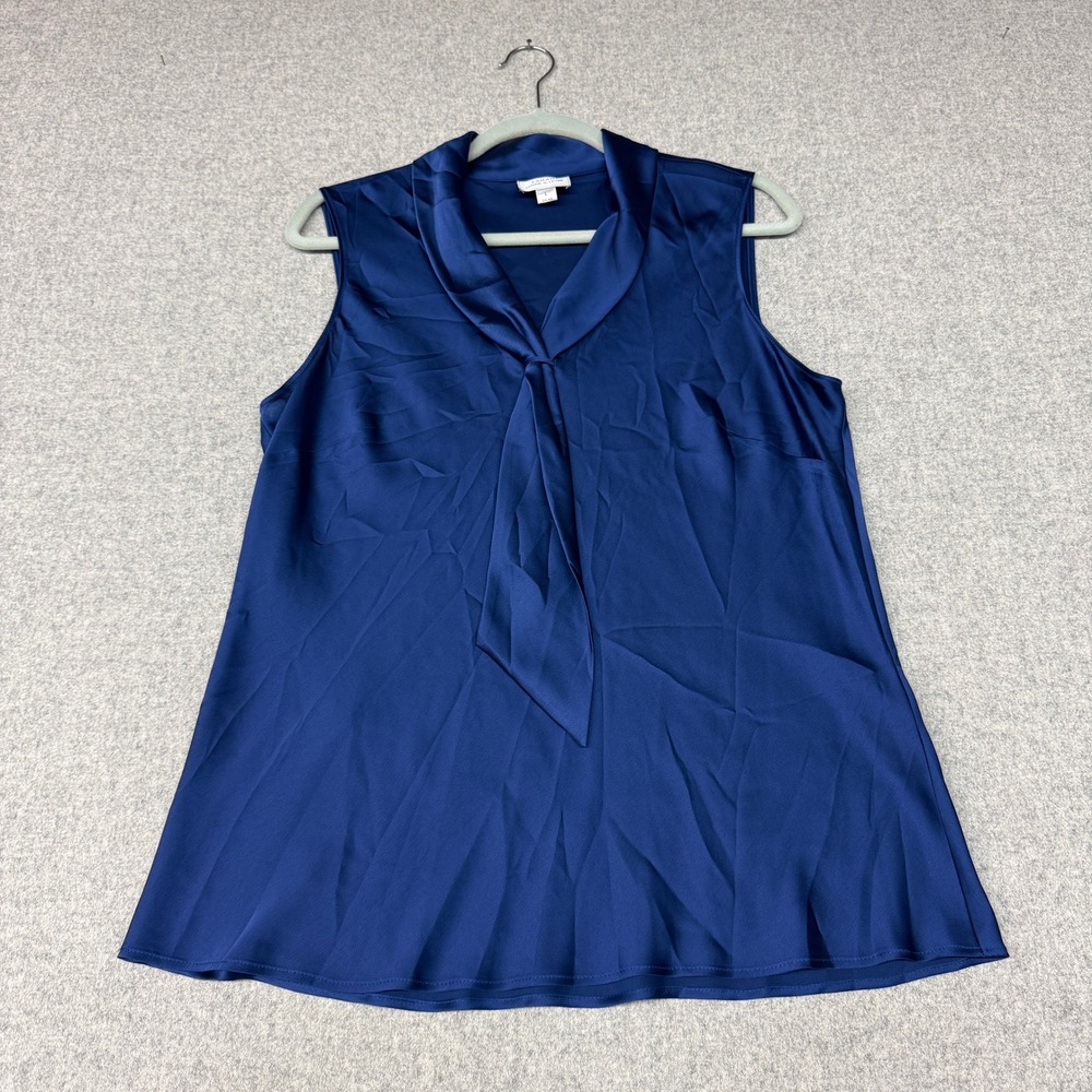 Tahari Arthur S. Levine Blouse Large Navy Blue Tie Neck Sleeveless Satin Top L